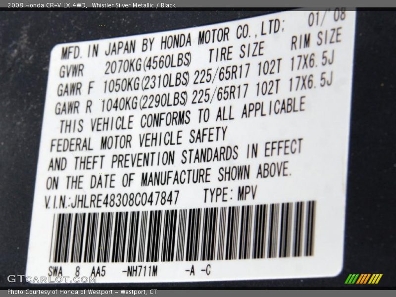Whistler Silver Metallic / Black 2008 Honda CR-V LX 4WD