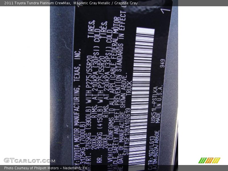 2011 Tundra Platinum CrewMax Magnetic Gray Metallic Color Code 1G3