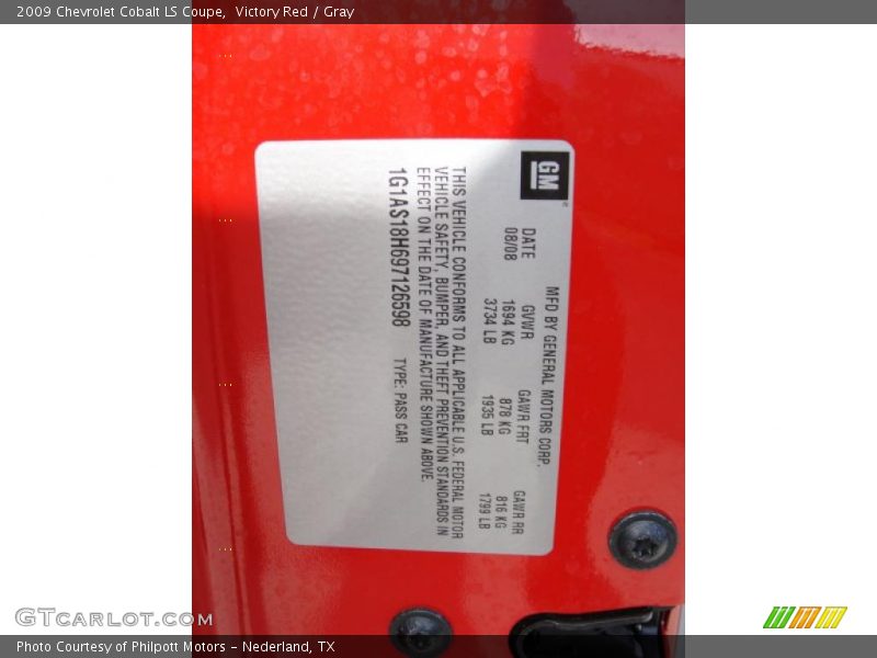 Info Tag of 2009 Cobalt LS Coupe