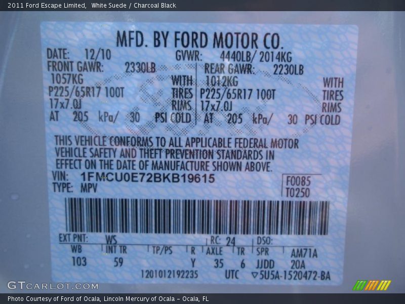 2011 Escape Limited White Suede Color Code WS