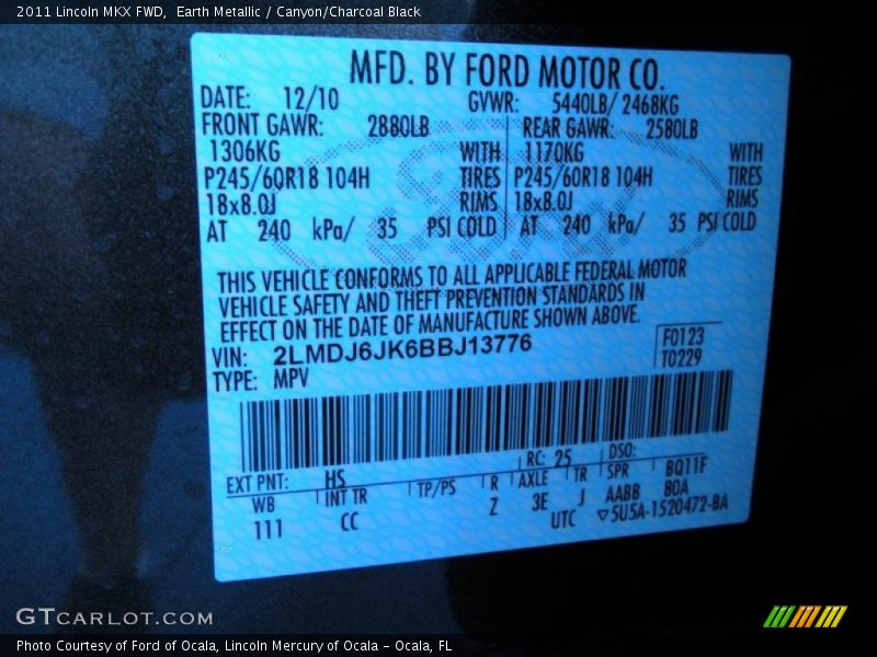 2011 MKX FWD Earth Metallic Color Code HS