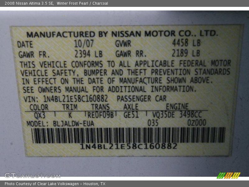 Winter Frost Pearl / Charcoal 2008 Nissan Altima 3.5 SE