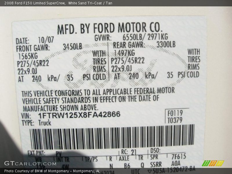 2008 F150 Limited SuperCrew White Sand Tri-Coat Color Code PV