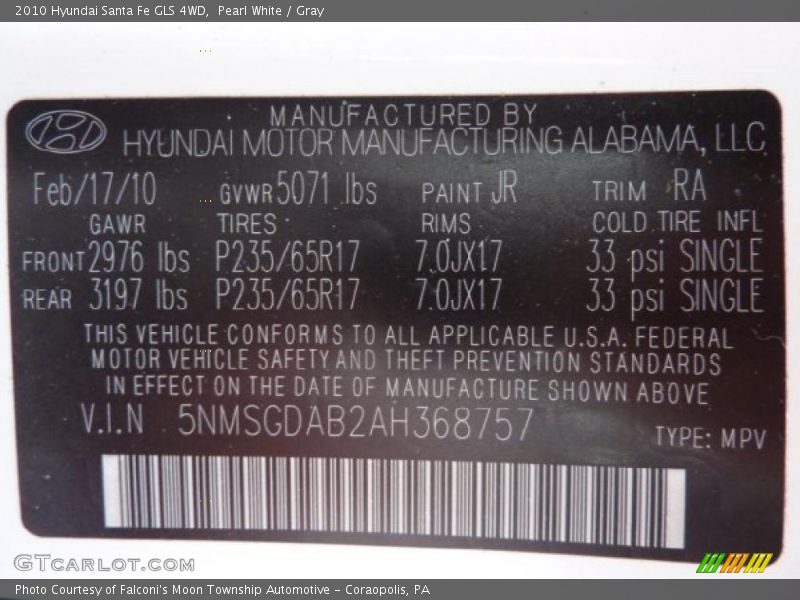 Pearl White / Gray 2010 Hyundai Santa Fe GLS 4WD