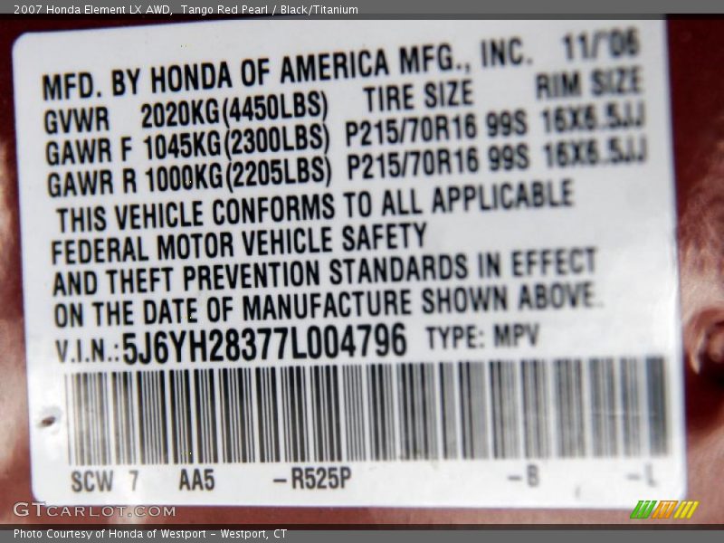 2007 Element LX AWD Tango Red Pearl Color Code R525P