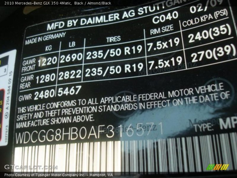 Black / Almond/Black 2010 Mercedes-Benz GLK 350 4Matic