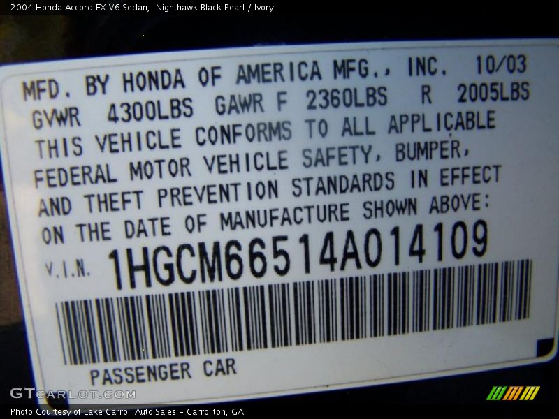 Nighthawk Black Pearl / Ivory 2004 Honda Accord EX V6 Sedan