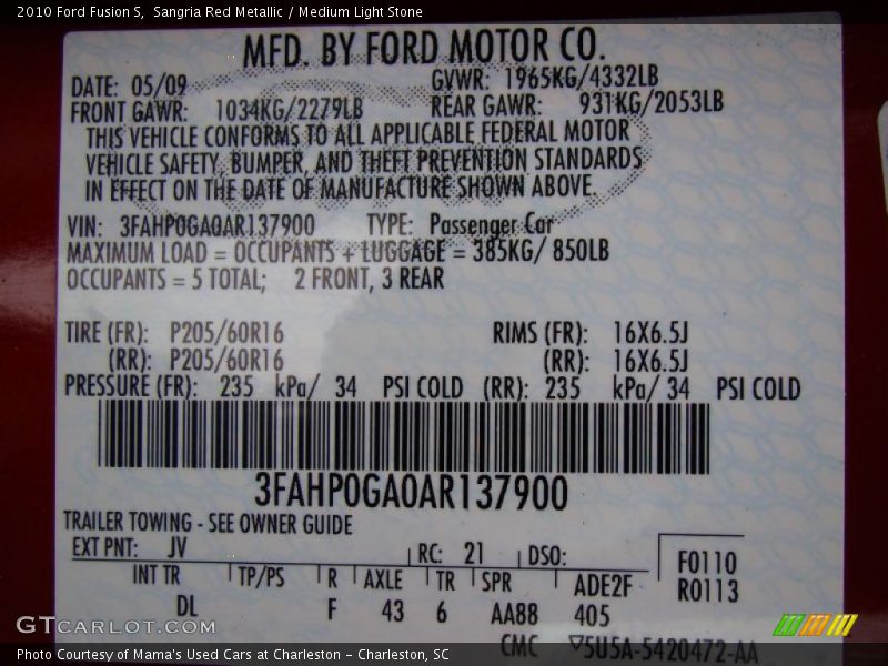 Sangria Red Metallic / Medium Light Stone 2010 Ford Fusion S