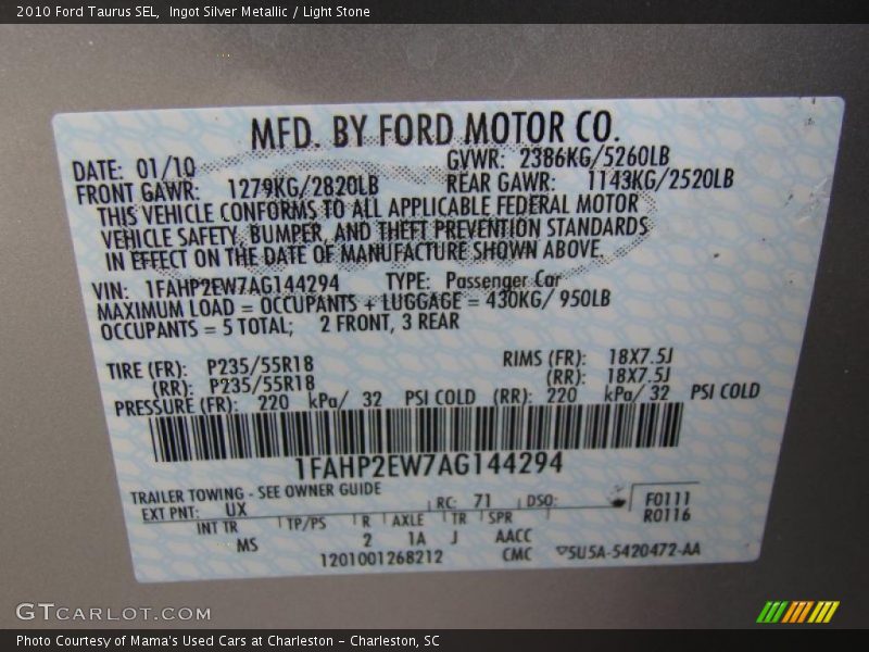 Ingot Silver Metallic / Light Stone 2010 Ford Taurus SEL