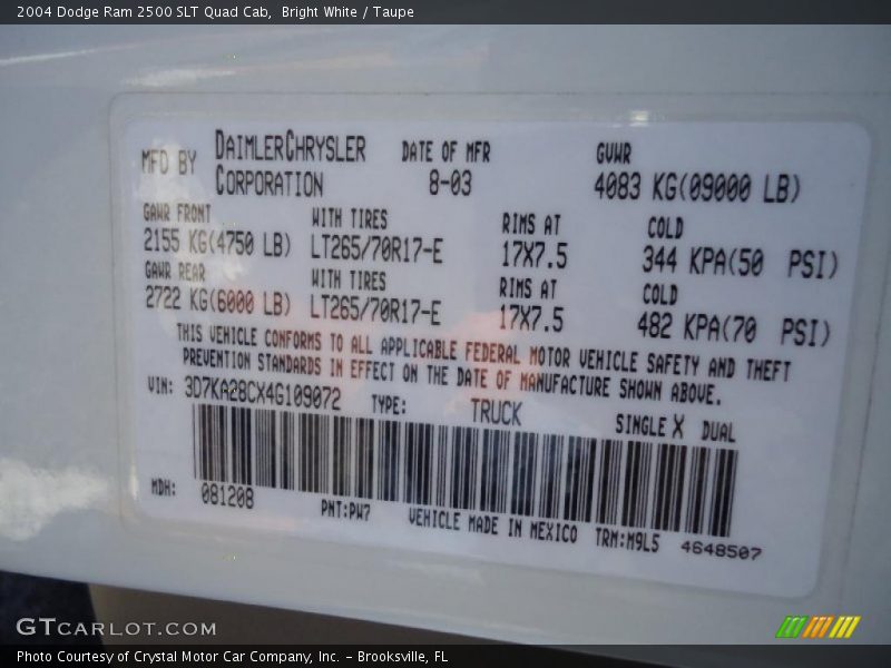 Bright White / Taupe 2004 Dodge Ram 2500 SLT Quad Cab