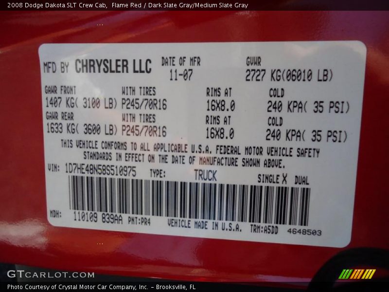 Flame Red / Dark Slate Gray/Medium Slate Gray 2008 Dodge Dakota SLT Crew Cab