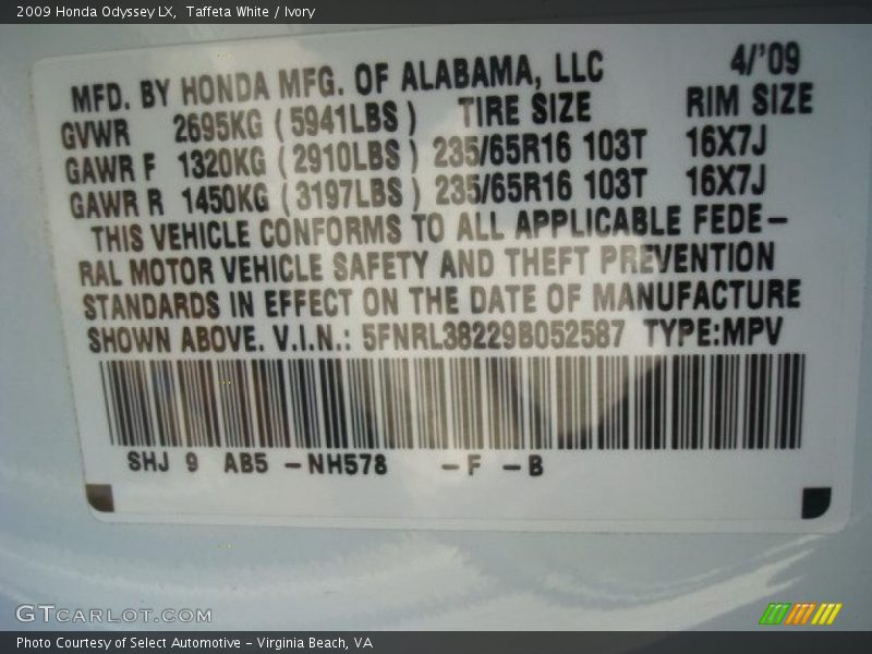 2009 Odyssey LX Taffeta White Color Code NH578