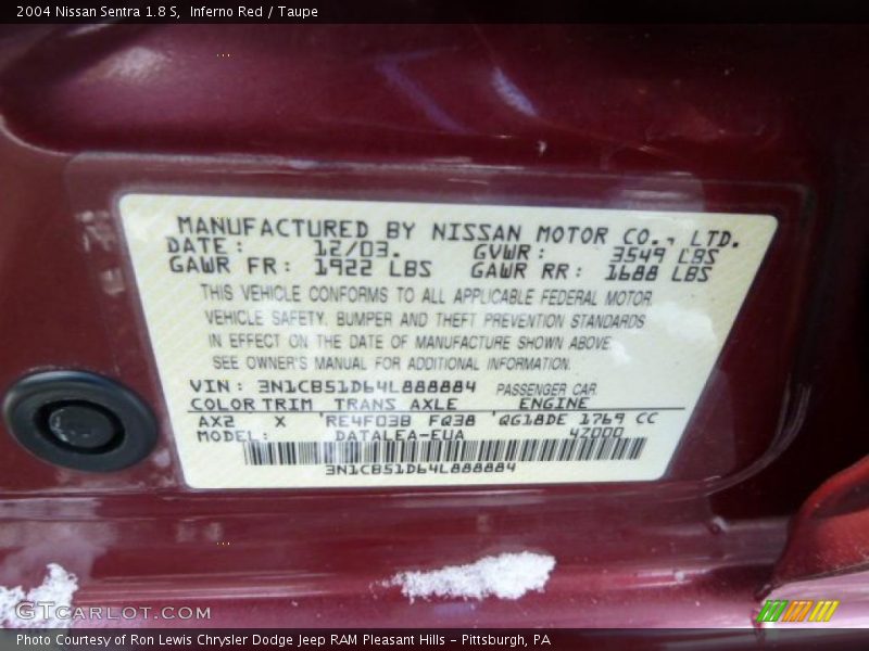 Inferno Red / Taupe 2004 Nissan Sentra 1.8 S