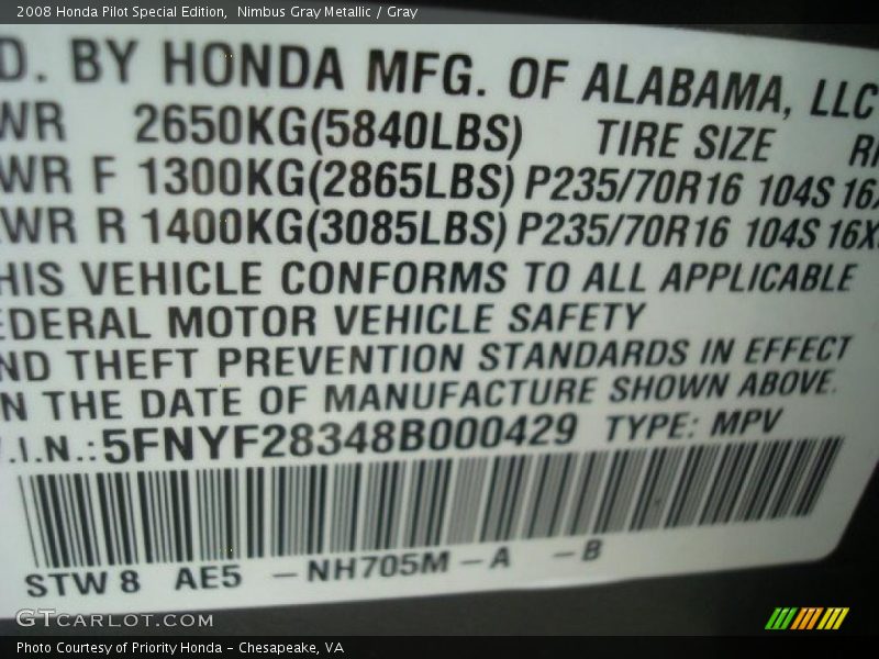 Nimbus Gray Metallic / Gray 2008 Honda Pilot Special Edition