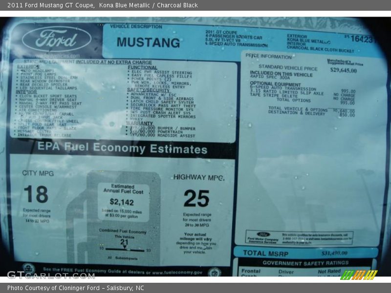  2011 Mustang GT Coupe Window Sticker