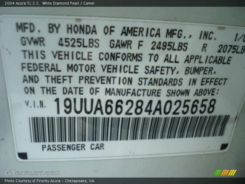White Diamond Pearl / Camel 2004 Acura TL 3.2