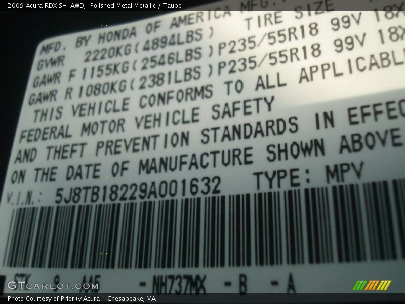 2009 RDX SH-AWD Polished Metal Metallic Color Code NH737MX