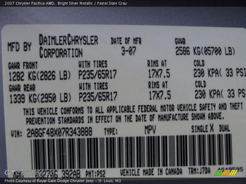 2007 Pacifica AWD Bright Silver Metallic Color Code PS2