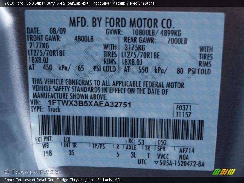 2010 F350 Super Duty FX4 SuperCab 4x4 Ingot Silver Metallic Color Code UX