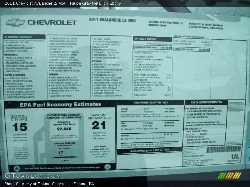  2011 Avalanche LS 4x4 Window Sticker