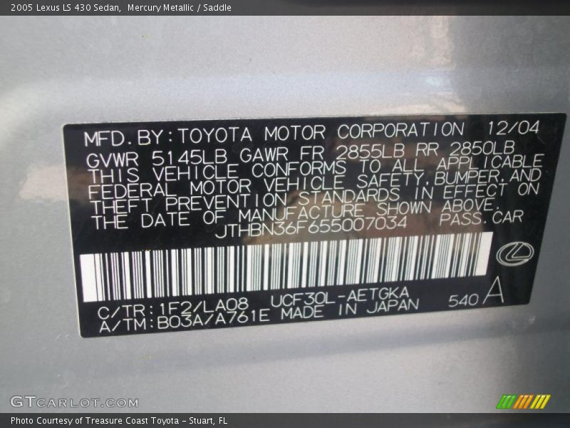 Mercury Metallic / Saddle 2005 Lexus LS 430 Sedan