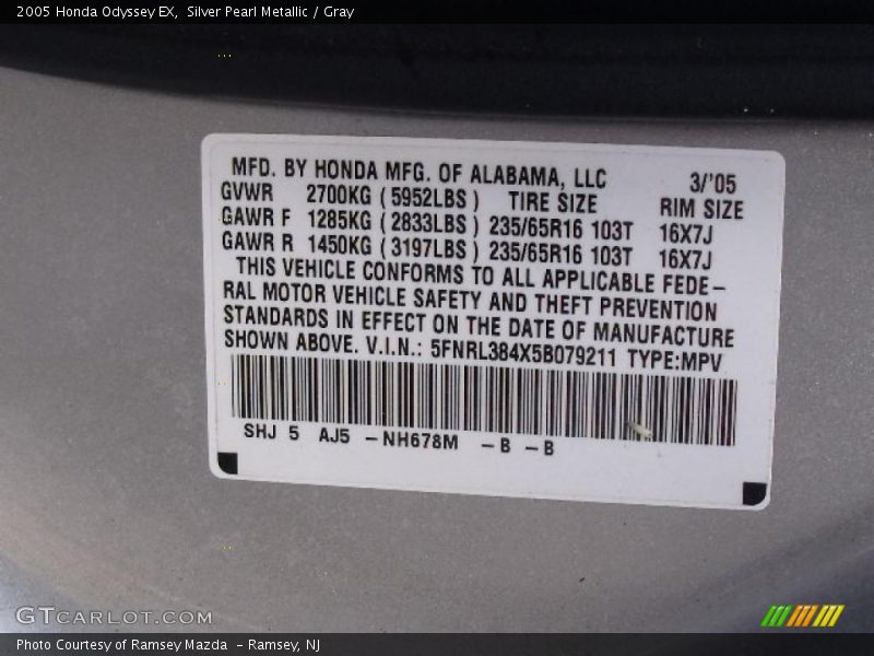 Silver Pearl Metallic / Gray 2005 Honda Odyssey EX