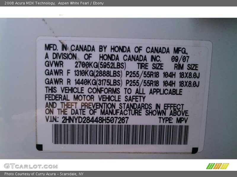 Aspen White Pearl / Ebony 2008 Acura MDX Technology
