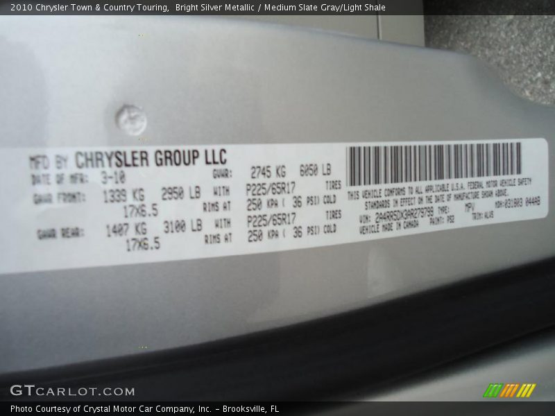 Bright Silver Metallic / Medium Slate Gray/Light Shale 2010 Chrysler Town & Country Touring