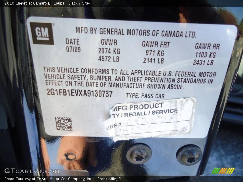 Black / Gray 2010 Chevrolet Camaro LT Coupe