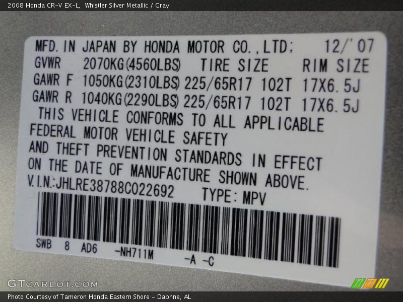 Whistler Silver Metallic / Gray 2008 Honda CR-V EX-L