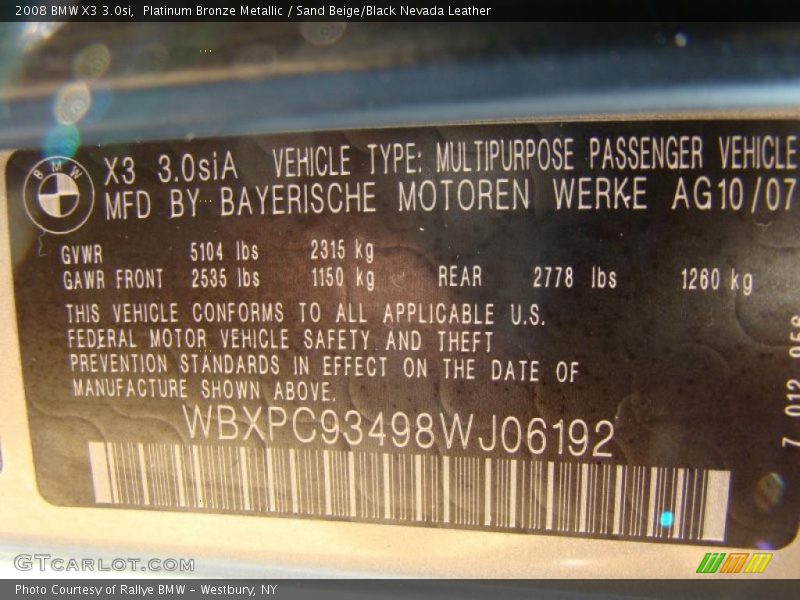 Platinum Bronze Metallic / Sand Beige/Black Nevada Leather 2008 BMW X3 3.0si