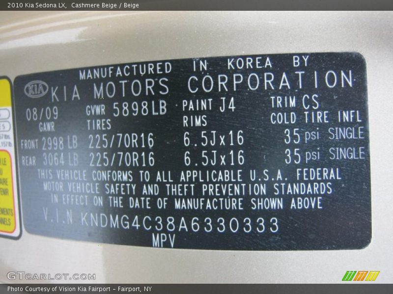 Cashmere Beige / Beige 2010 Kia Sedona LX