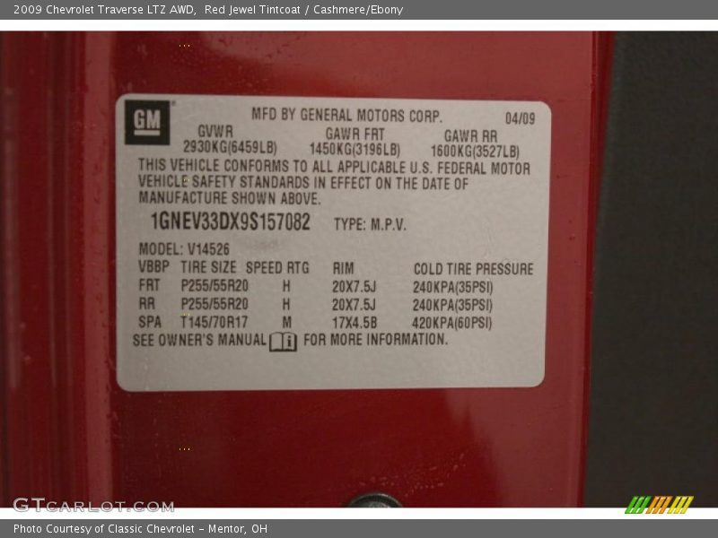 Info Tag of 2009 Traverse LTZ AWD
