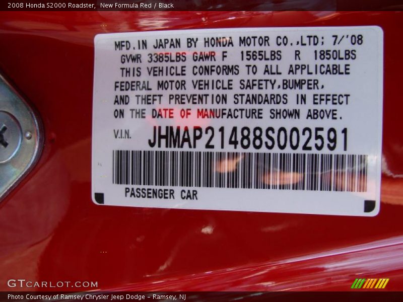 Info Tag of 2008 S2000 Roadster