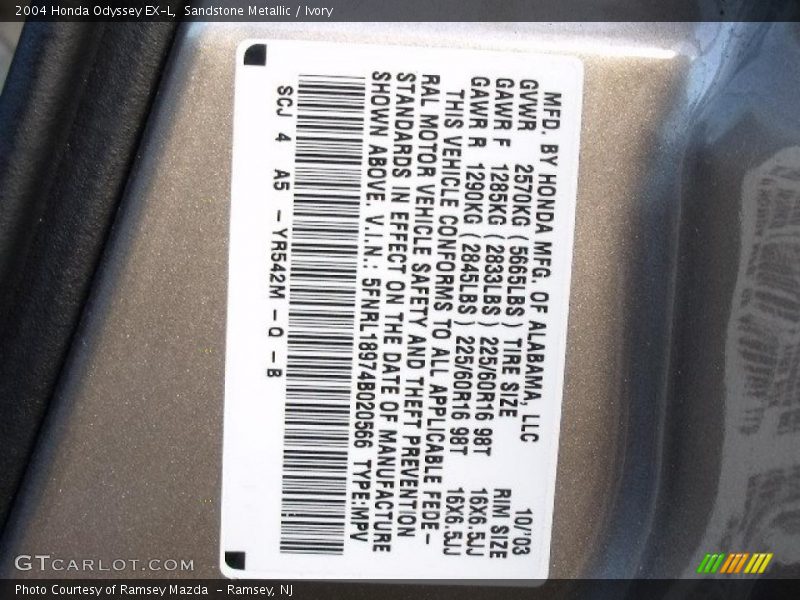 Sandstone Metallic / Ivory 2004 Honda Odyssey EX-L