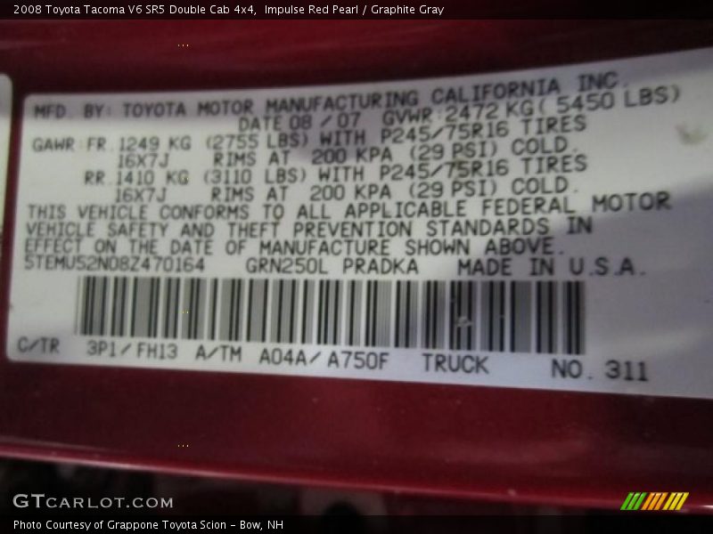 Impulse Red Pearl / Graphite Gray 2008 Toyota Tacoma V6 SR5 Double Cab 4x4