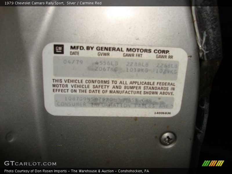 Info Tag of 1979 Camaro Rally Sport