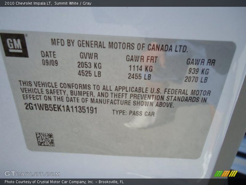 Summit White / Gray 2010 Chevrolet Impala LT