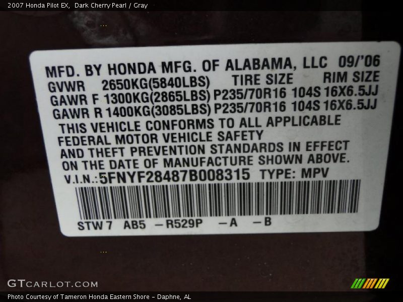 2007 Pilot EX Dark Cherry Pearl Color Code R529P