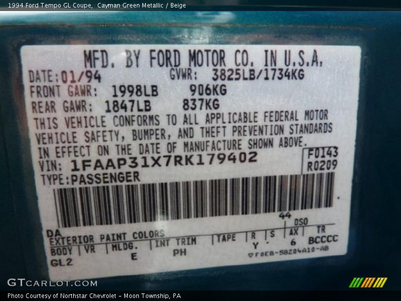 1994 Tempo GL Coupe Cayman Green Metallic Color Code DA