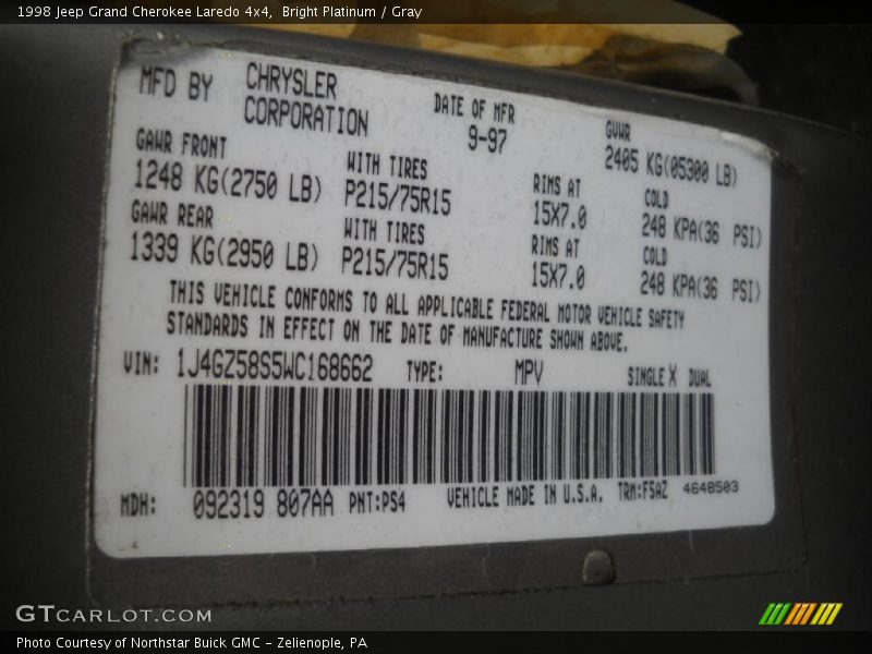 1998 Grand Cherokee Laredo 4x4 Bright Platinum Color Code PS4