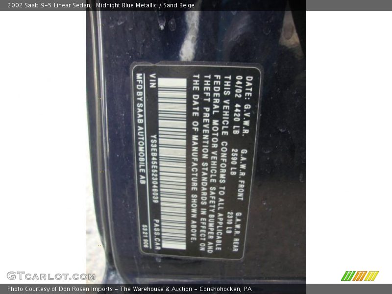 Info Tag of 2002 9-5 Linear Sedan