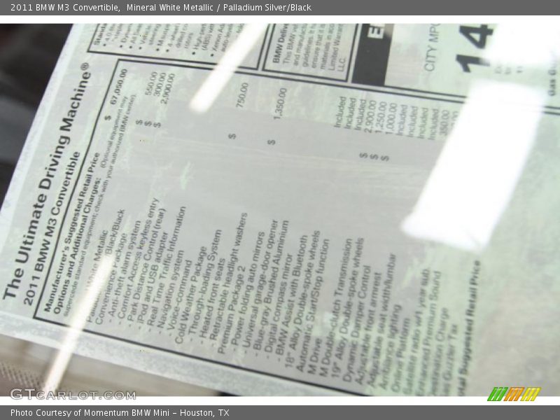  2011 M3 Convertible Window Sticker