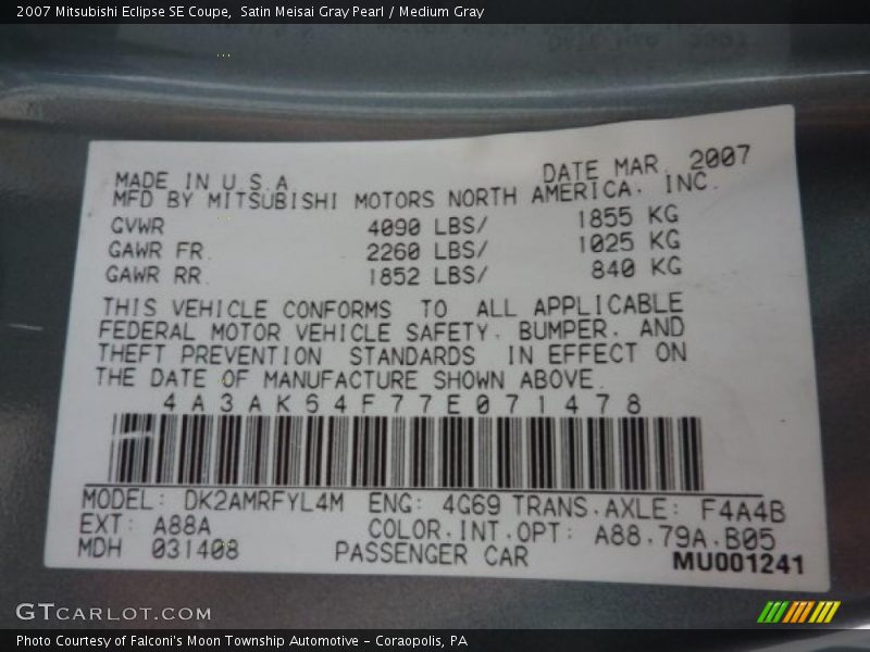 2007 Eclipse SE Coupe Satin Meisai Gray Pearl Color Code A88