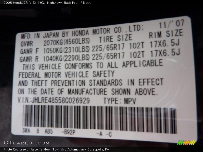 Nighthawk Black Pearl / Black 2008 Honda CR-V EX 4WD