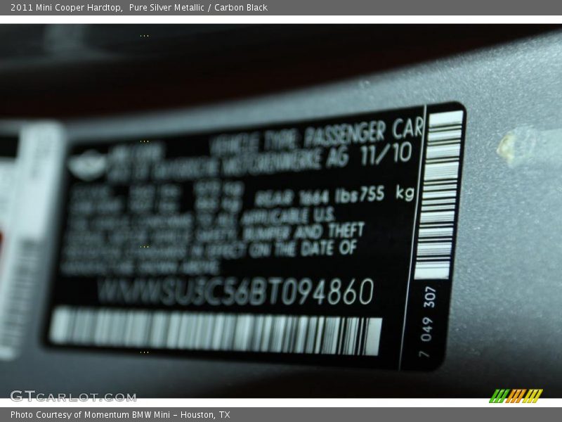 Pure Silver Metallic / Carbon Black 2011 Mini Cooper Hardtop