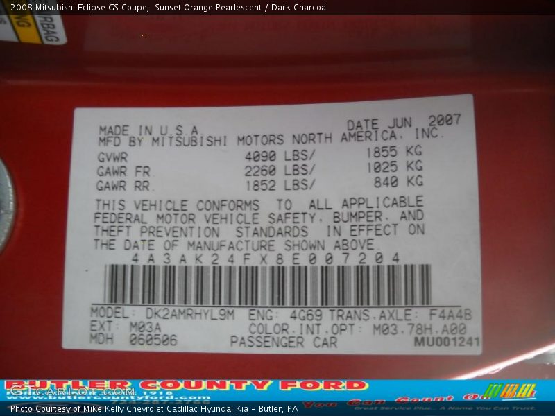 Sunset Orange Pearlescent / Dark Charcoal 2008 Mitsubishi Eclipse GS Coupe
