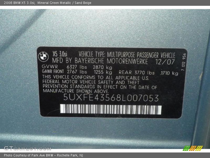 Mineral Green Metallic / Sand Beige 2008 BMW X5 3.0si