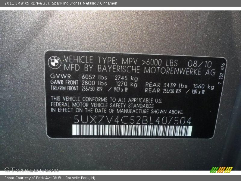 Info Tag of 2011 X5 xDrive 35i