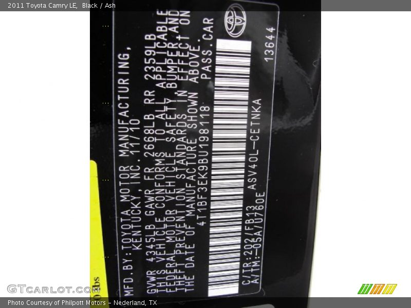 2011 Camry LE Black Color Code 202